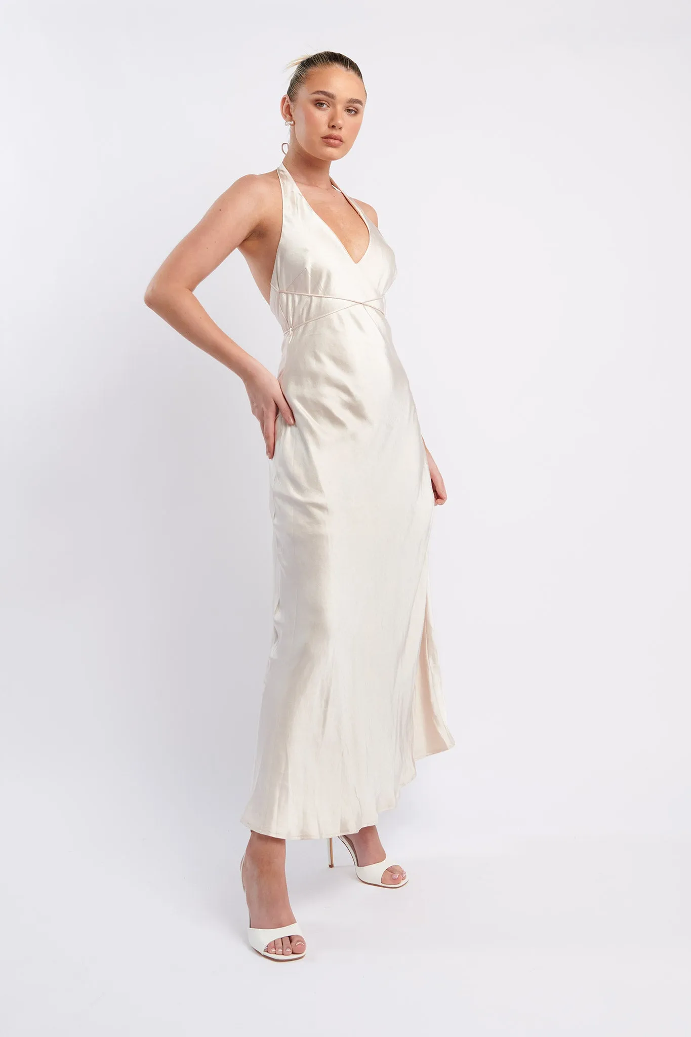 Alenni Halterneck V-Neck Midi Dress Champagne