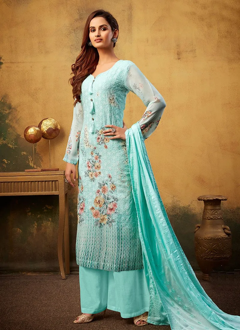 Aqua Blue Embroidered Bamber Georgette Palazzo Suit