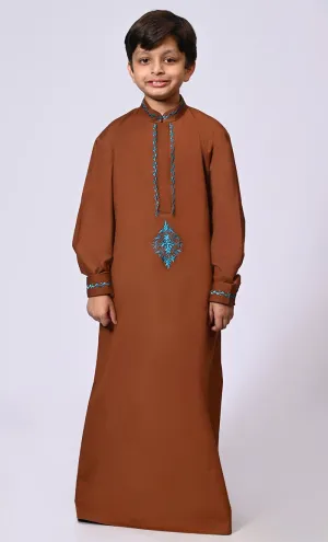 Artisanal Embroidery: Boy's Brown Embroidered Thobe With Pockets