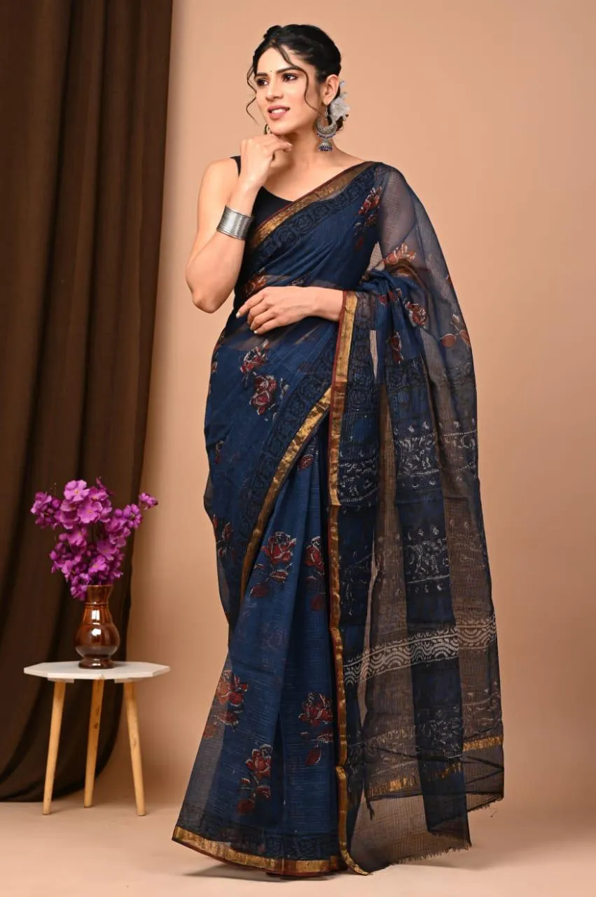 Authentic Deep Floral Blue Traditional Kota Doriya Print Saree