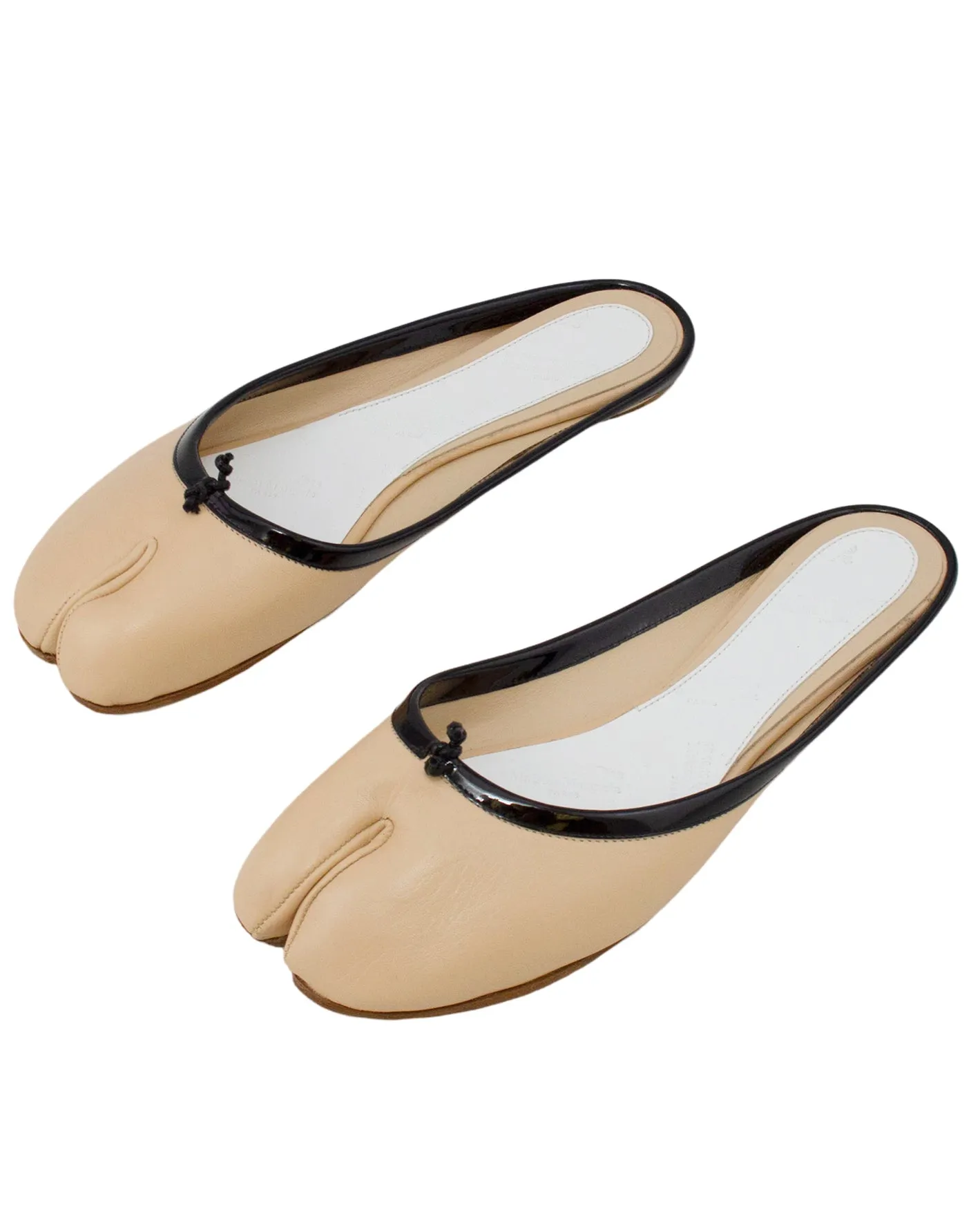 Beige Leather Slides with Black Patent Leather Trim