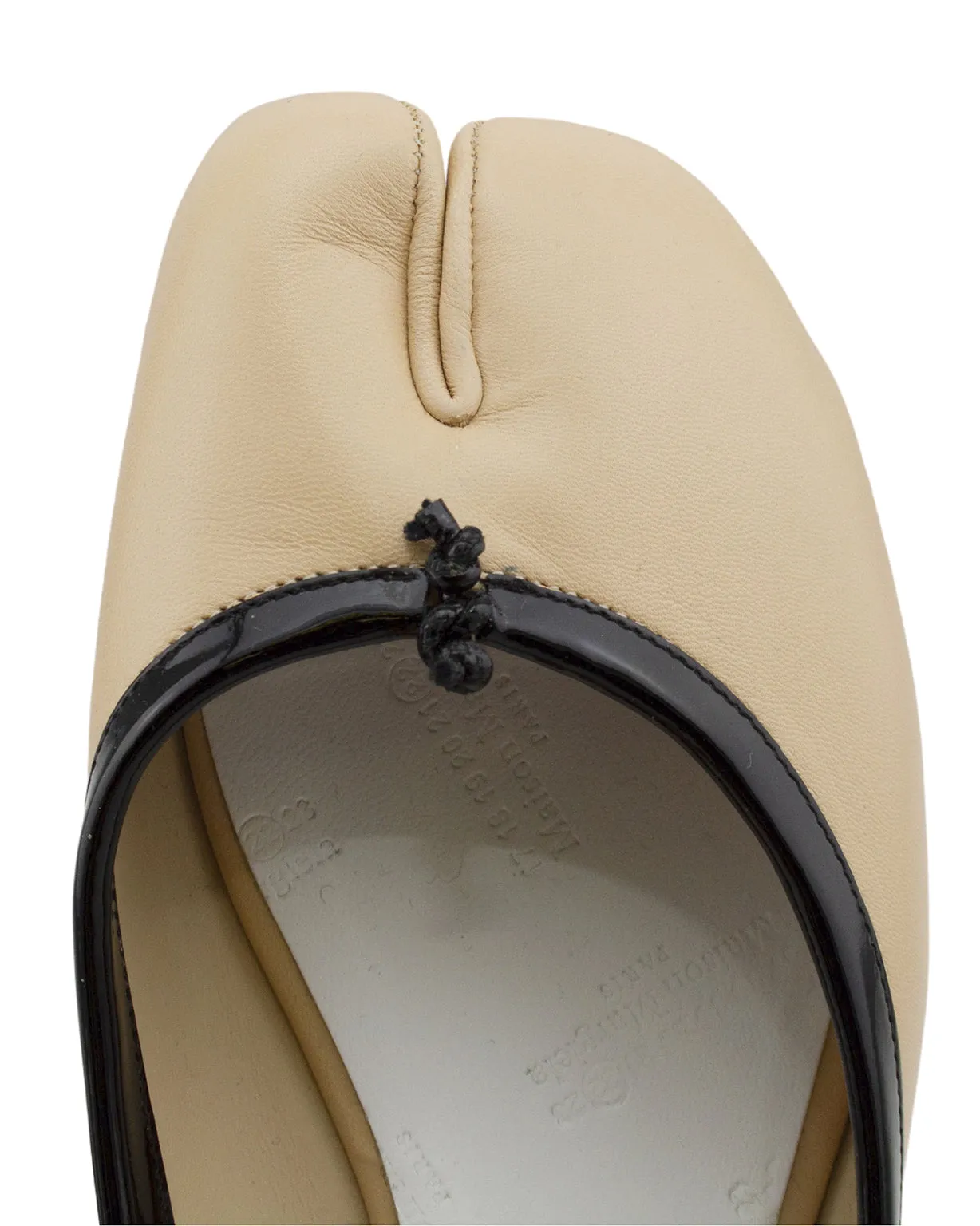 Beige Leather Slides with Black Patent Leather Trim