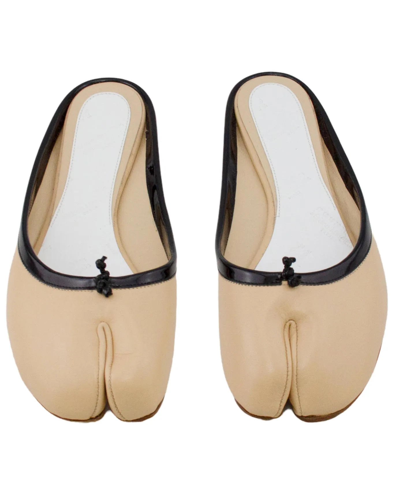 Beige Leather Slides with Black Patent Leather Trim