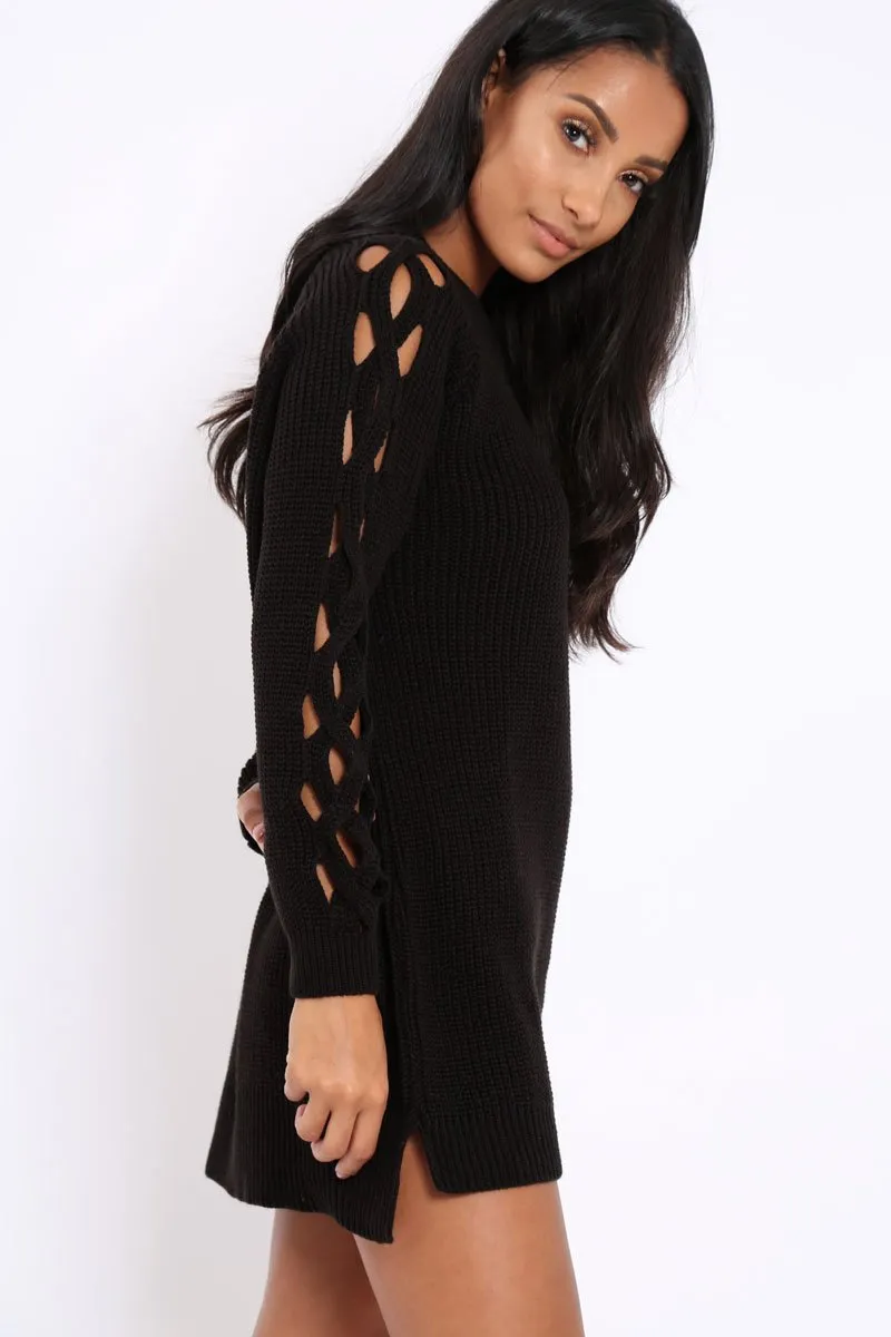 Black Cable Knit Jumper Dress with Cut out Detail - Daysie