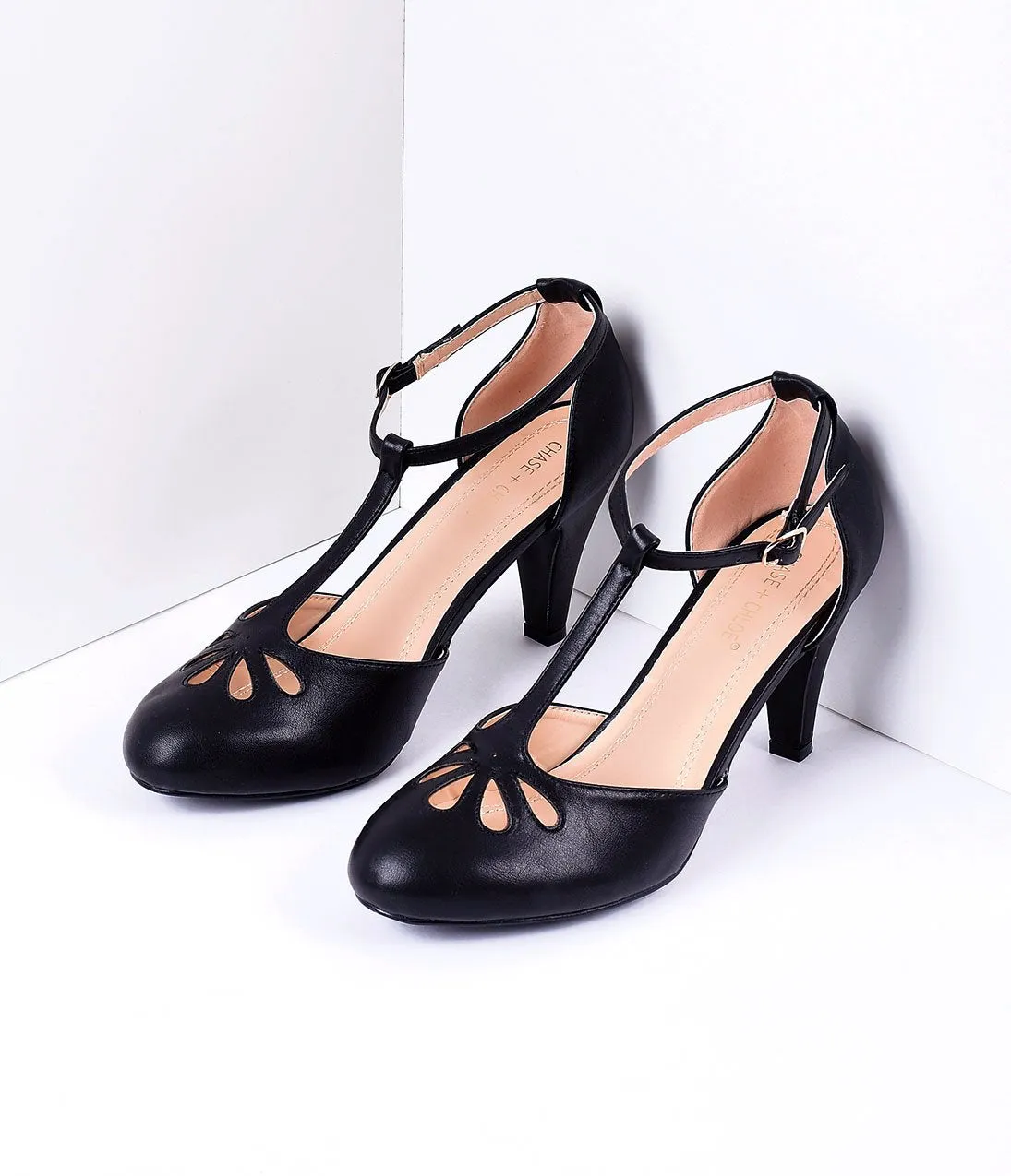 Black Pleather Cutout Kimmy T-Strap Heels