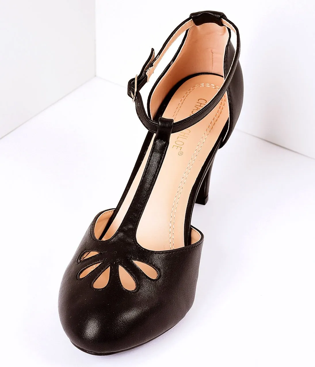 Black Pleather Cutout Kimmy T-Strap Heels