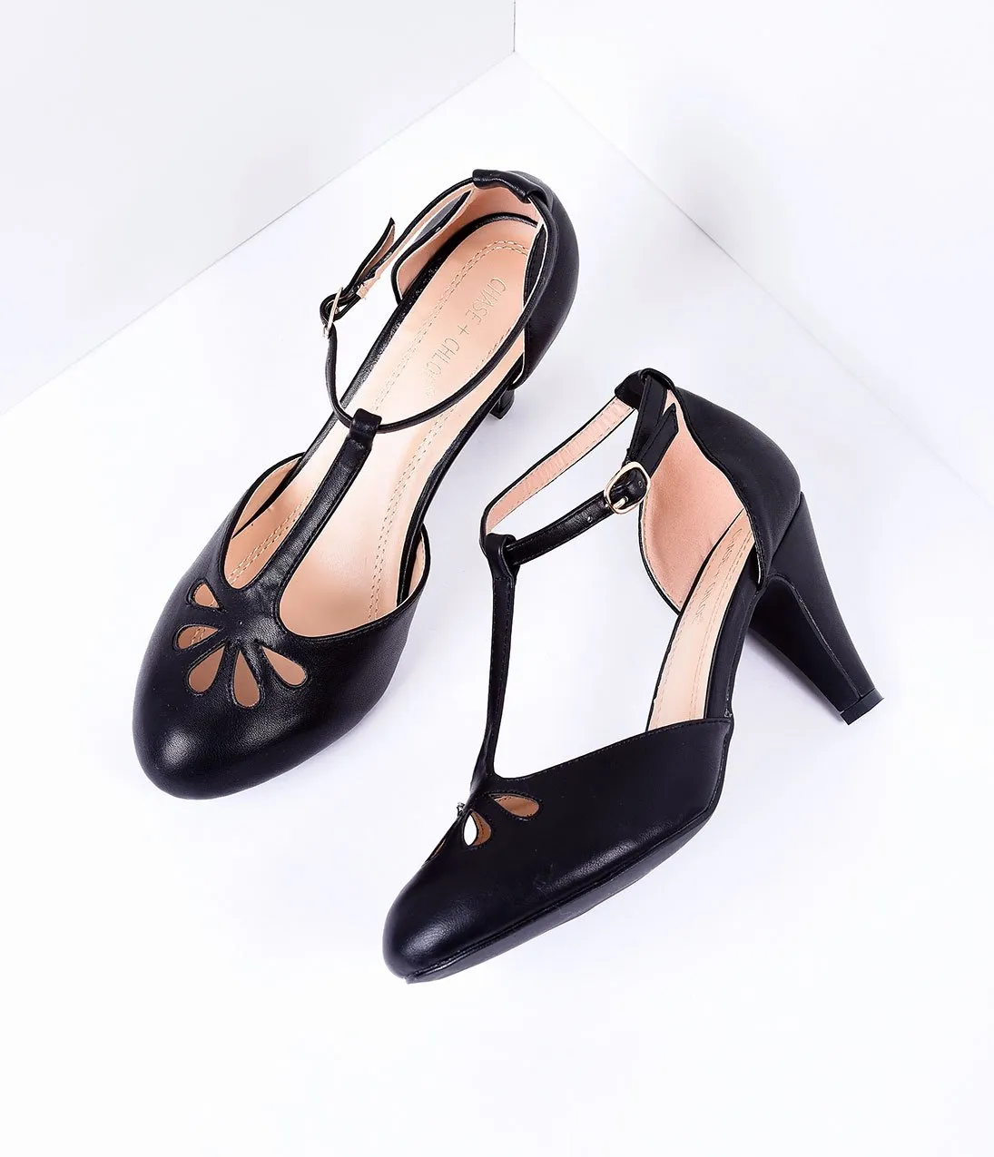 Black Pleather Cutout Kimmy T-Strap Heels