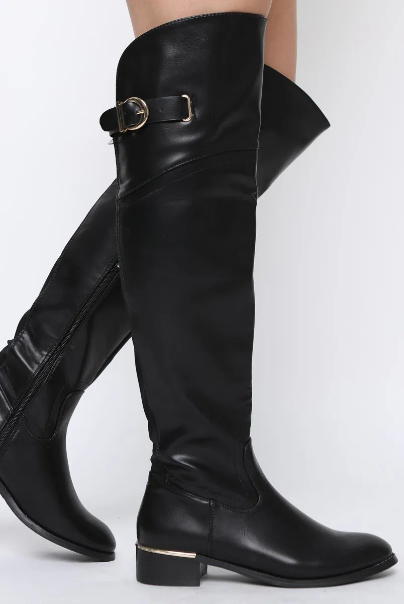 Black PU Gold Detail Buckle Flat Long Boots - Connie