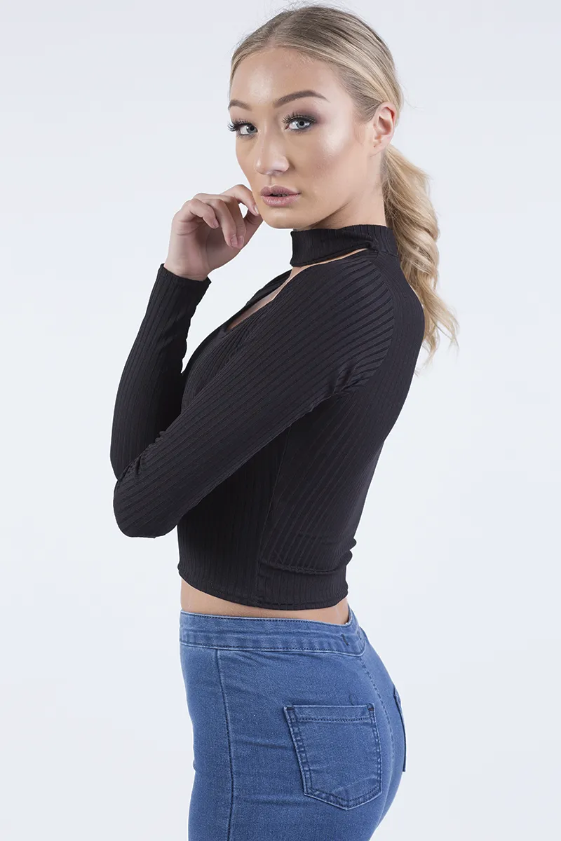 Black Ribbed Choker Cut Out Crop Top - Mary