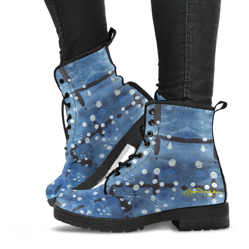 Blu&White Dotted Plaid Leather Boots (Vegan)