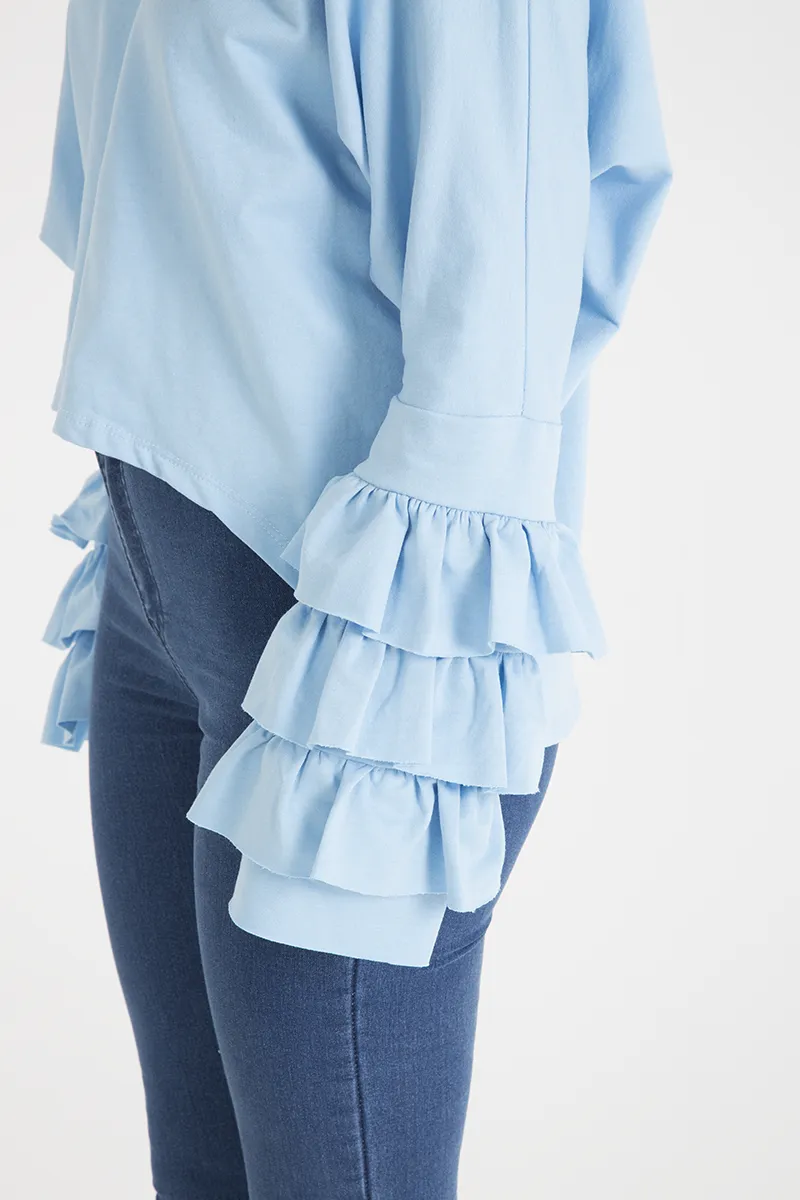 Blue Oversized Frill Sleeve Top - Connie