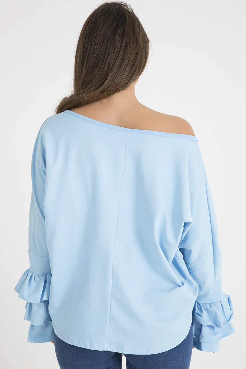 Blue Oversized Frill Sleeve Top - Connie