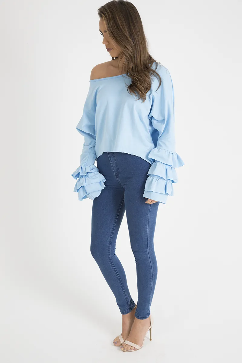 Blue Oversized Frill Sleeve Top - Connie