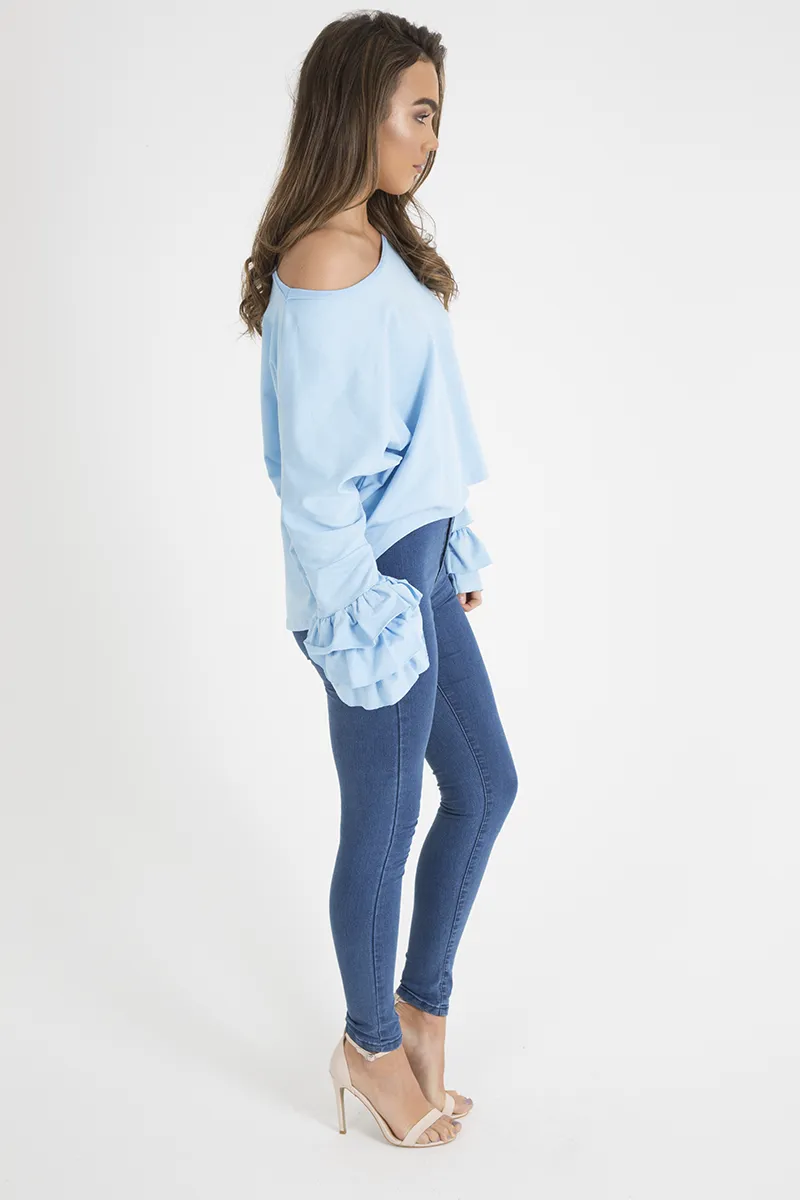 Blue Oversized Frill Sleeve Top - Connie