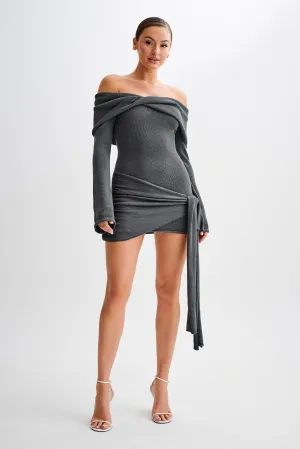 Camryn Off Shoulder Tie Knit Mini Dress - Charcoal