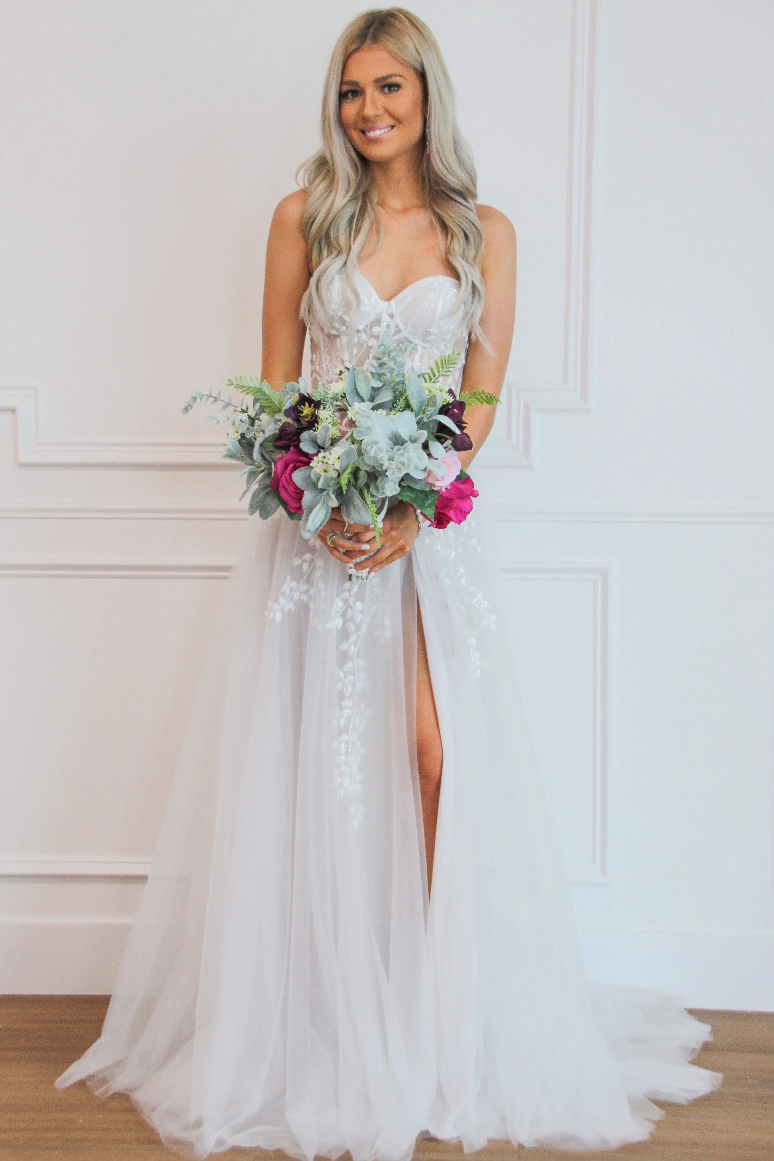 Cinderella Dreams Slit Tulle Wedding Dress: Ivory