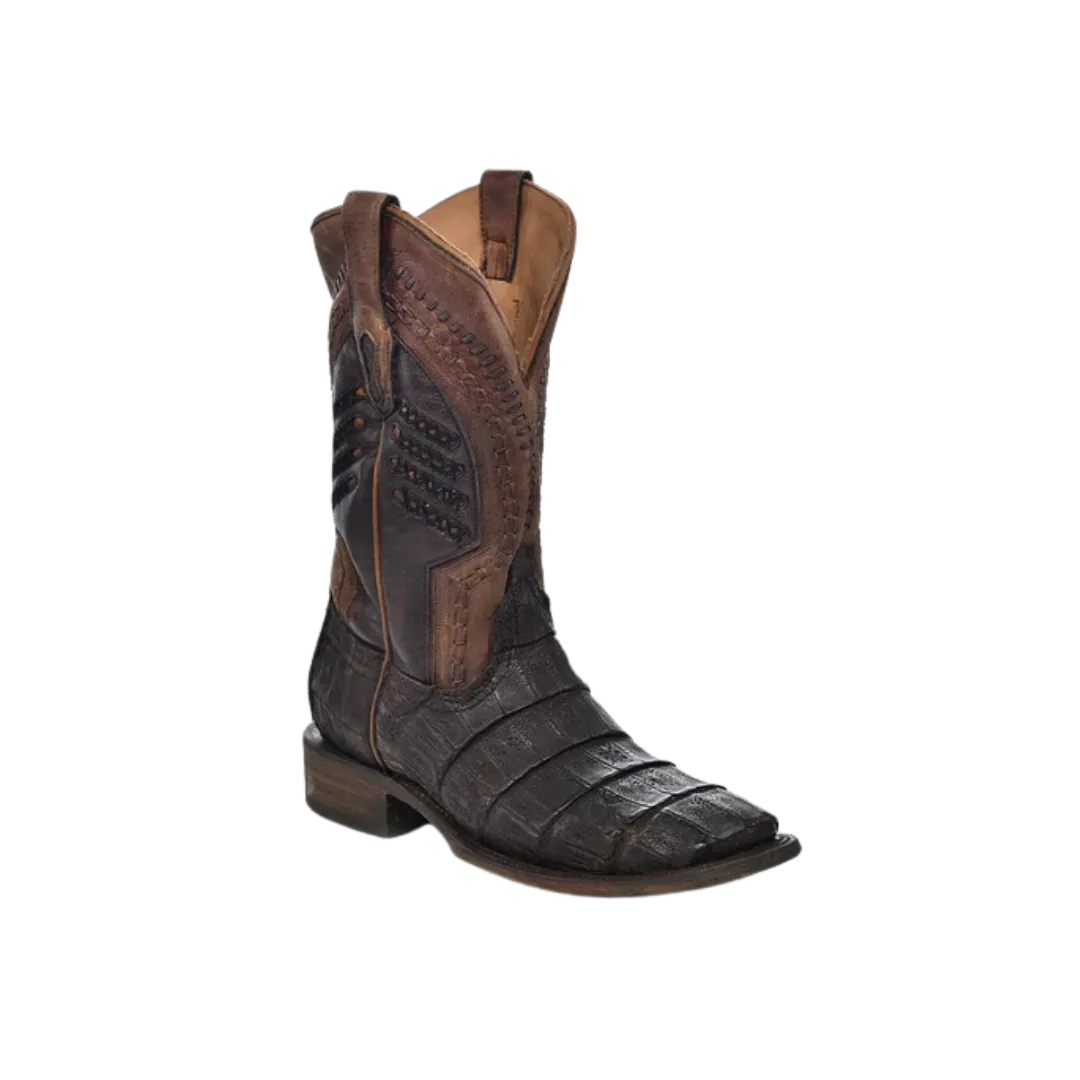 Corral Men's Caiman Embroidery And Woven Shaft Wide Square Toe Cowboy Oil Brown Boot