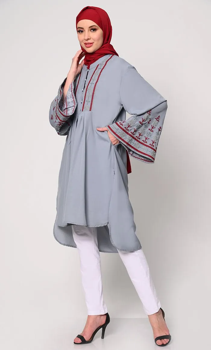 Elegant Machine-Embroidered Grey Tunic with Flared Sleeves