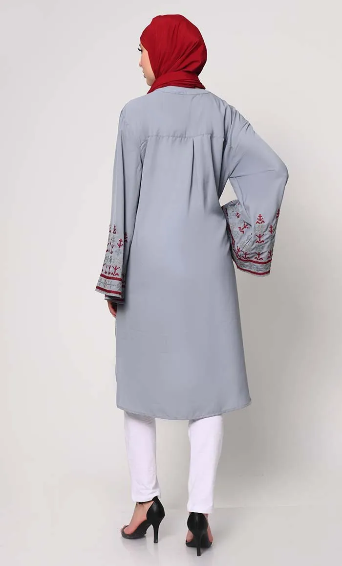 Elegant Machine-Embroidered Grey Tunic with Flared Sleeves