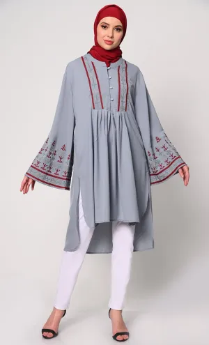 Elegant Machine-Embroidered Grey Tunic with Flared Sleeves