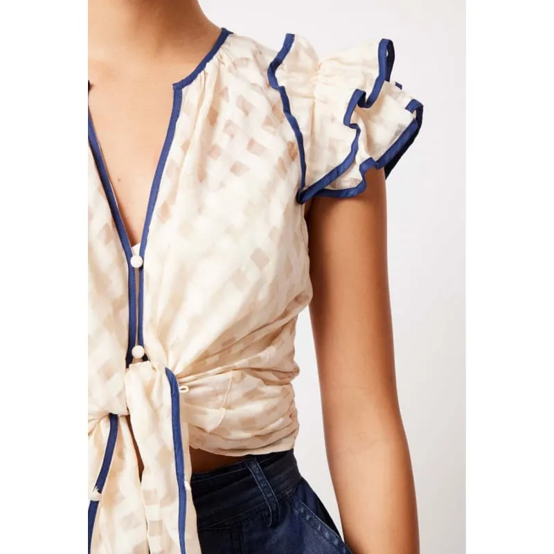 Elena Cotton Silk Self Check Blouse | Bone Navy