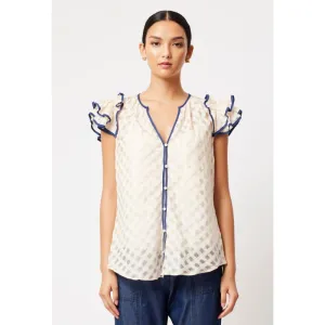 Elena Cotton Silk Self Check Blouse | Bone Navy