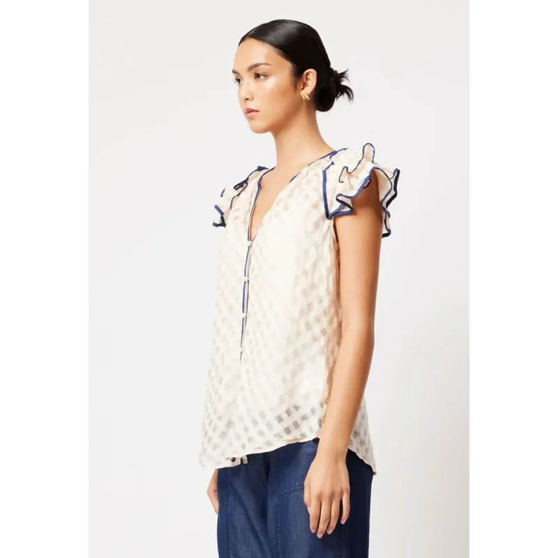 Elena Cotton Silk Self Check Blouse | Bone Navy