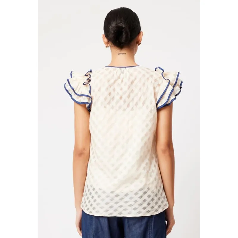 Elena Cotton Silk Self Check Blouse | Bone Navy