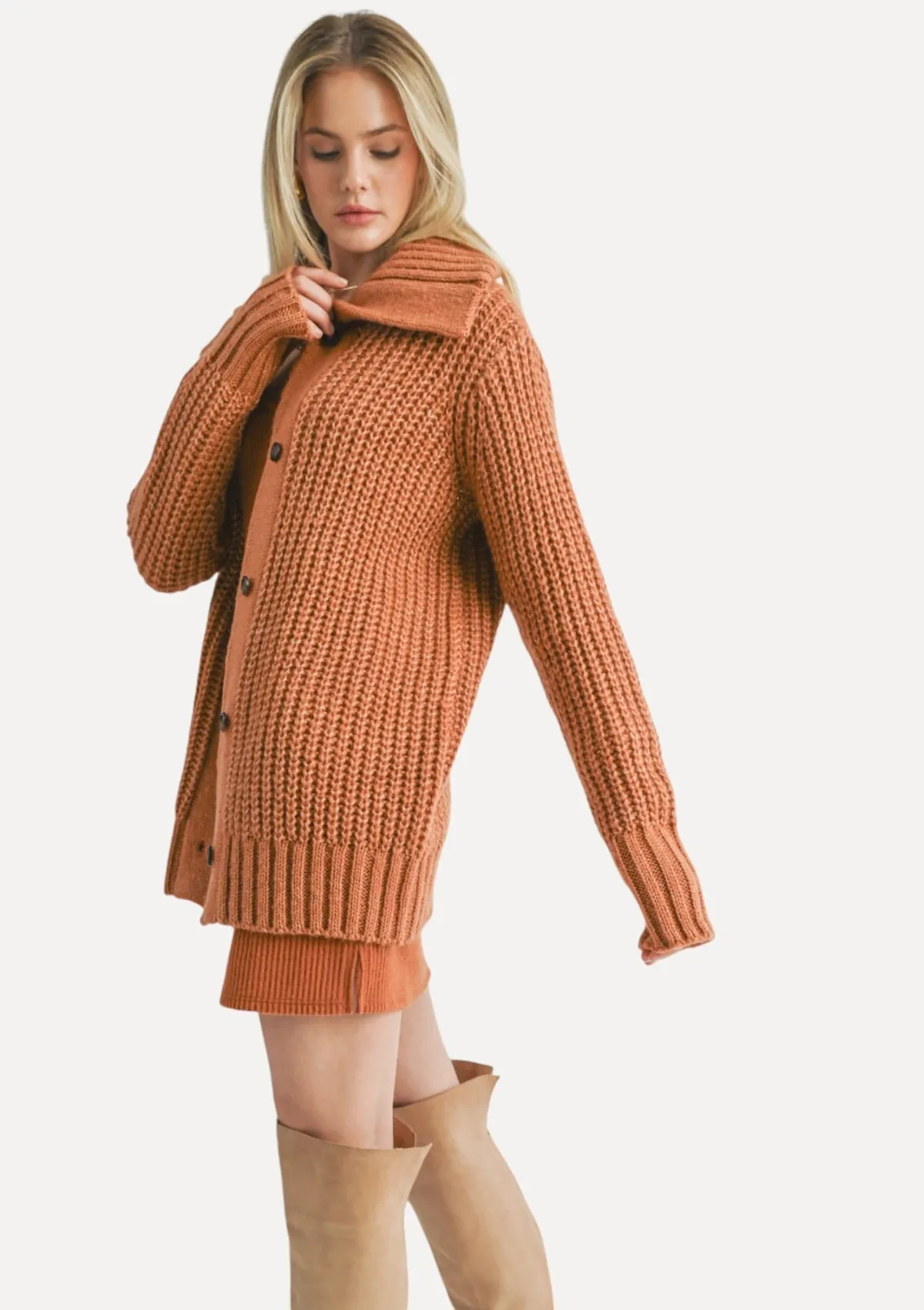 Elianna Wide Collar Cardigan - Rust