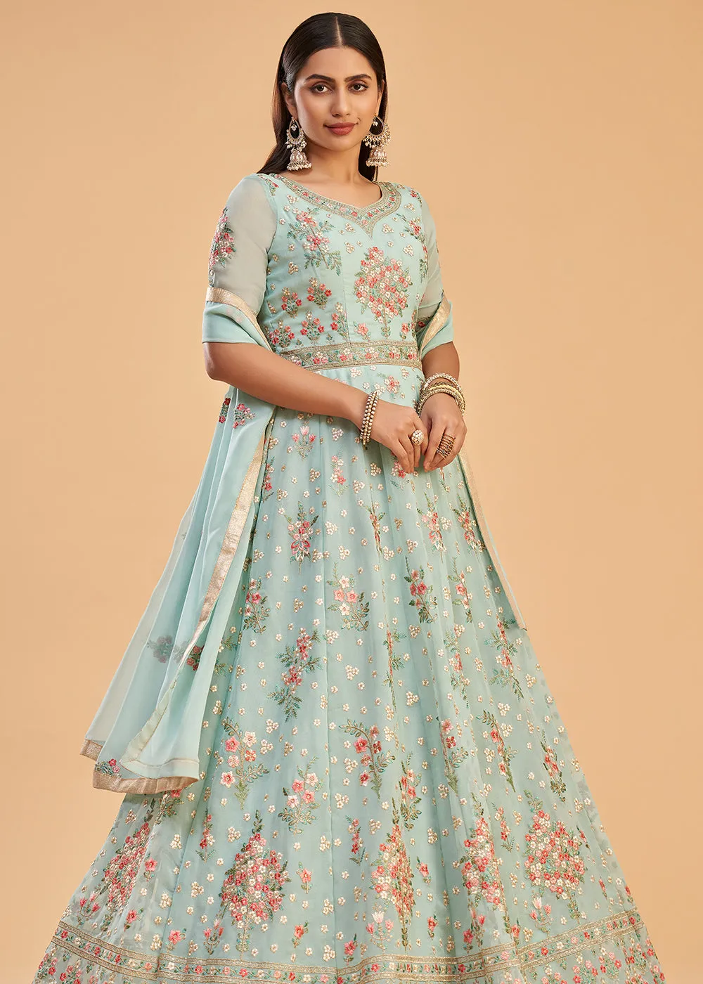 Firozi Blue Multi Thread Embroidered Georgette Anarkali Gown