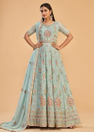 Firozi Blue Multi Thread Embroidered Georgette Anarkali Gown