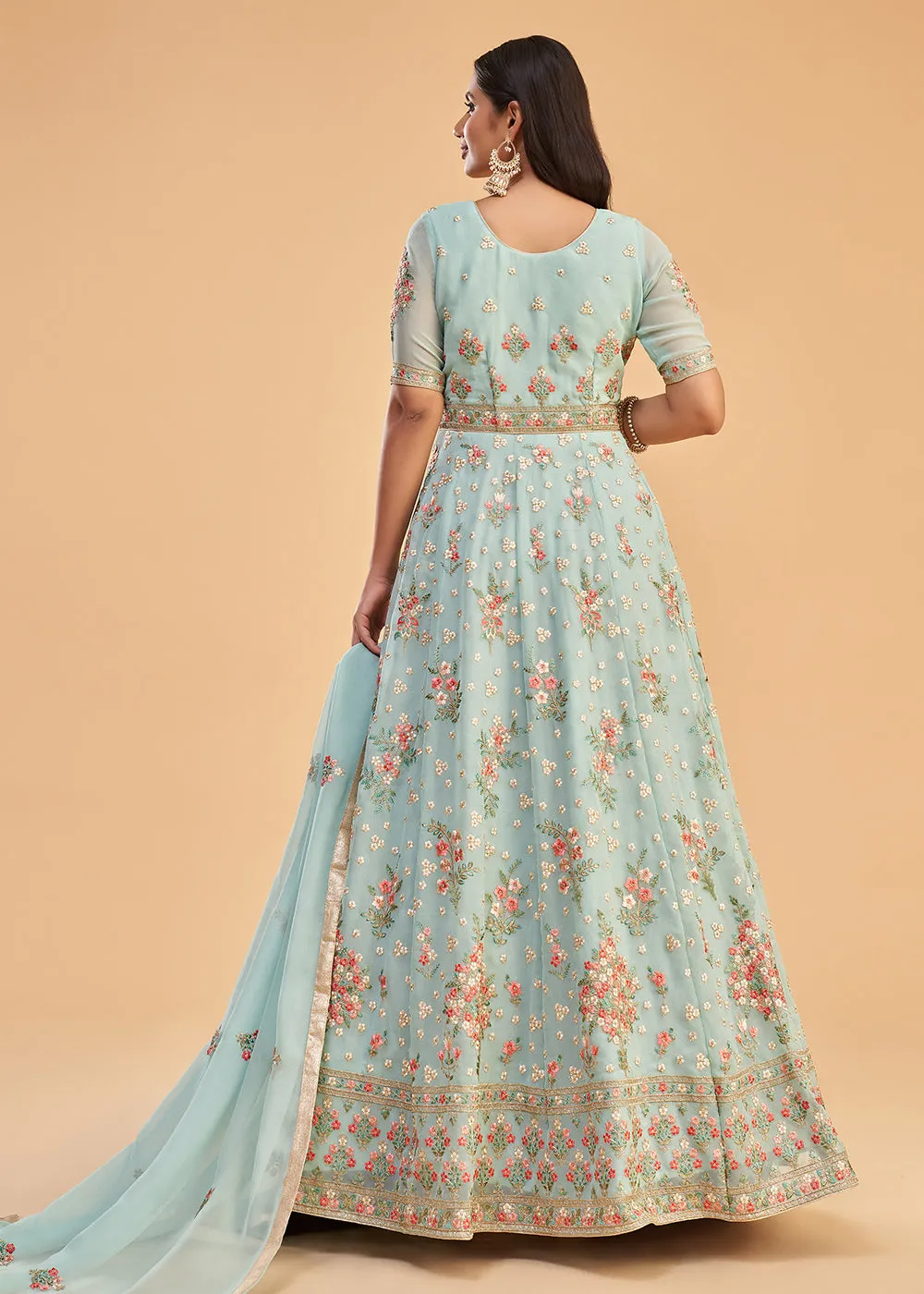 Firozi Blue Multi Thread Embroidered Georgette Anarkali Gown