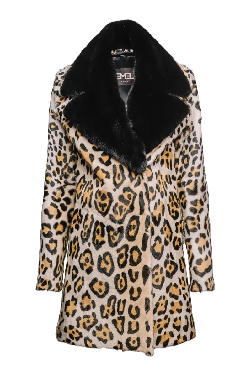 Funny Girl Leopard Print Mid Length Kidskin Fur Coat - Removeable Mink Wing Collar