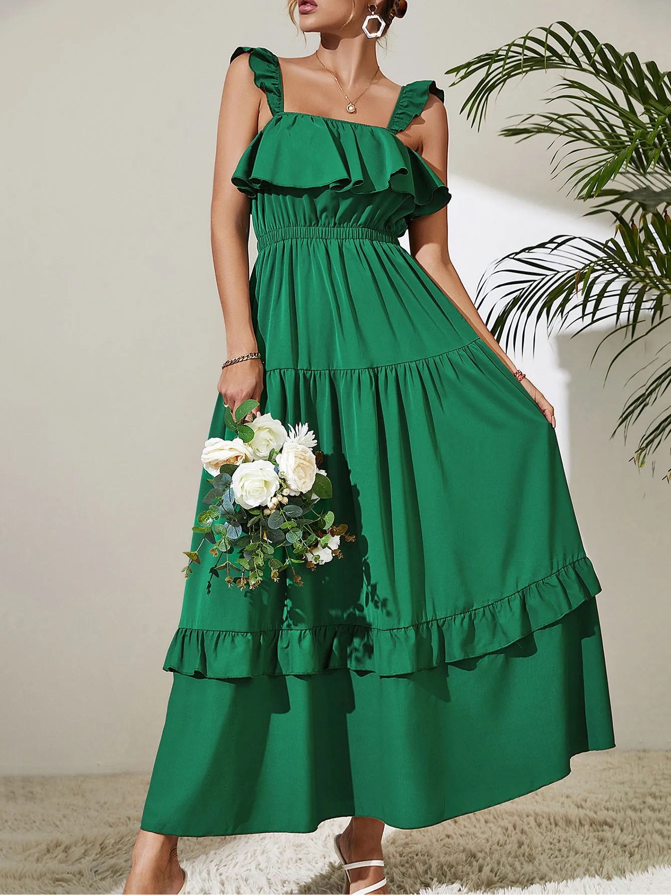 Green Gables Tiered Ruffle Peasant Day Maxi Dress in Kelly Green