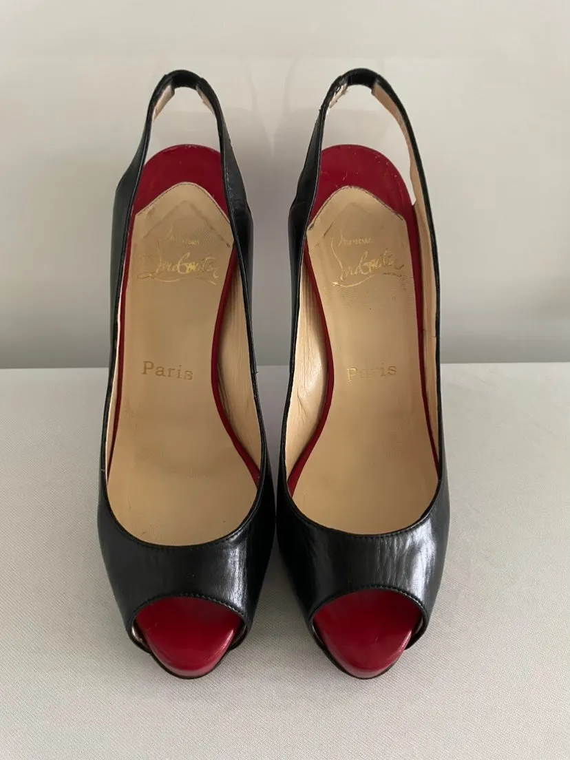 LOUBOUTIN
Black/Red Architex 120mm Calfskin
Peep Toe Slingback Pumps