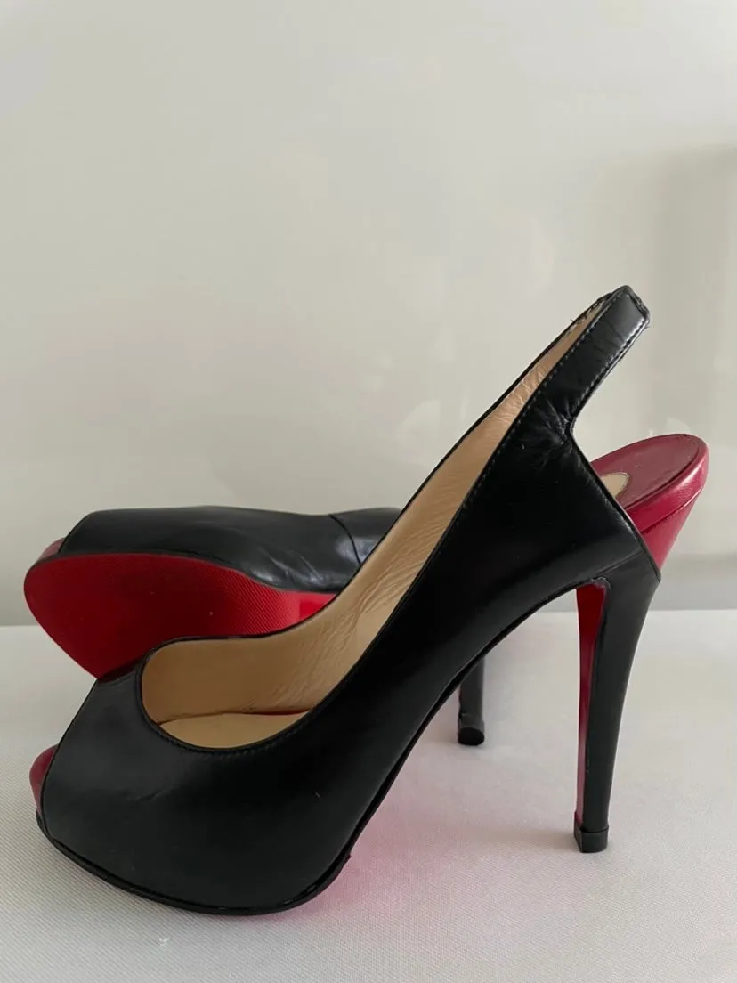 LOUBOUTIN
Black/Red Architex 120mm Calfskin
Peep Toe Slingback Pumps