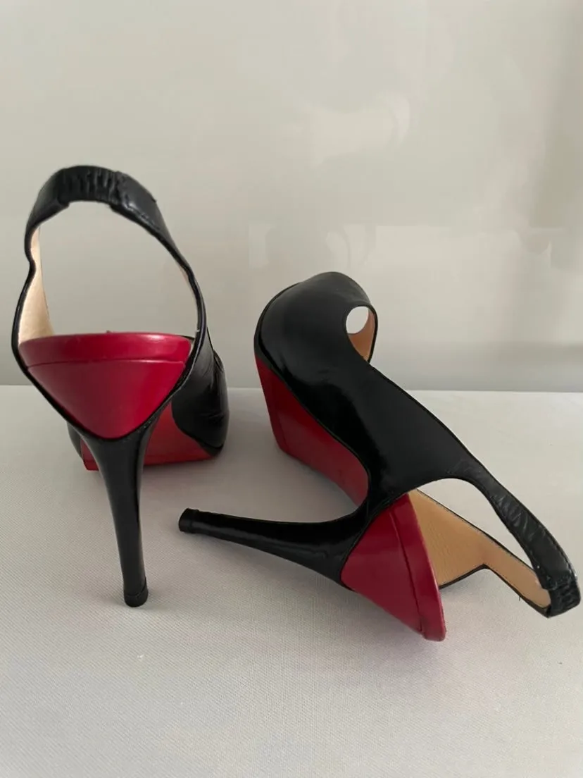 LOUBOUTIN
Black/Red Architex 120mm Calfskin
Peep Toe Slingback Pumps