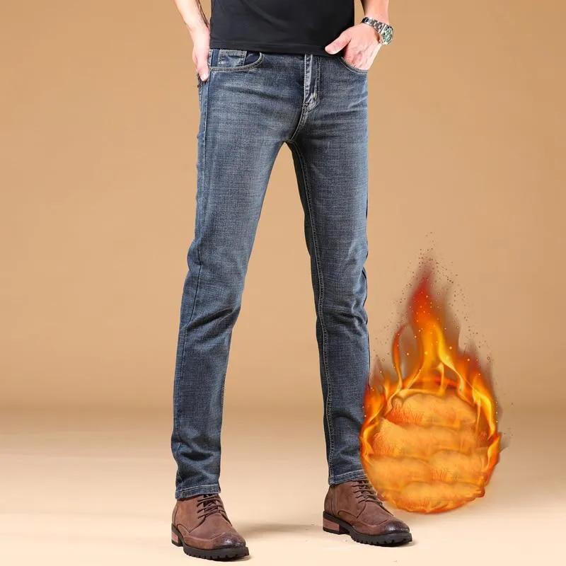 Men Winter Thermal Warm Flannel Stretch Straight Denim Jeans