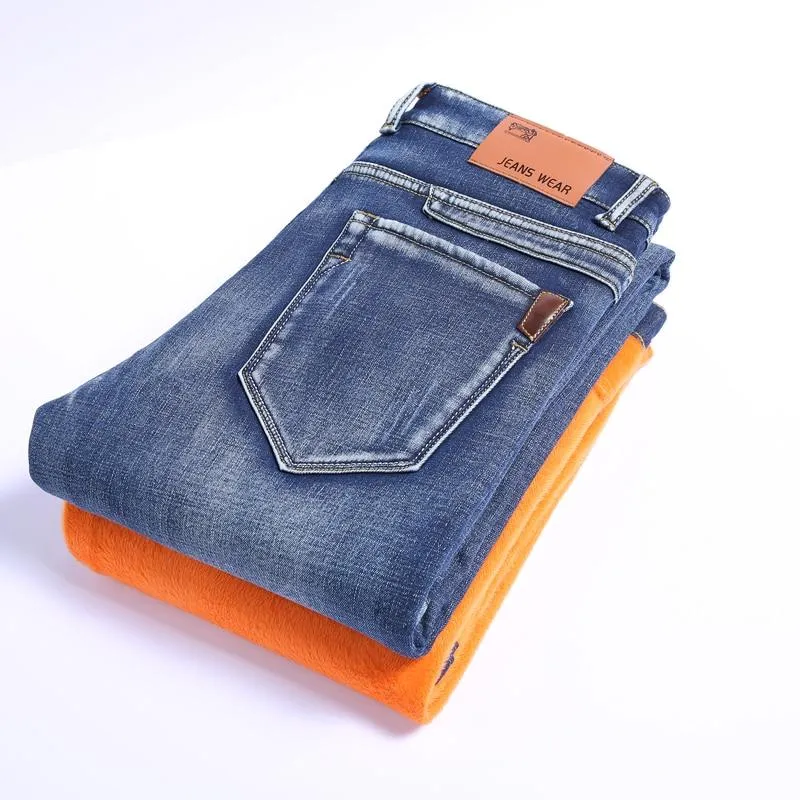 Men Winter Thermal Warm Flannel Stretch Straight Denim Jeans