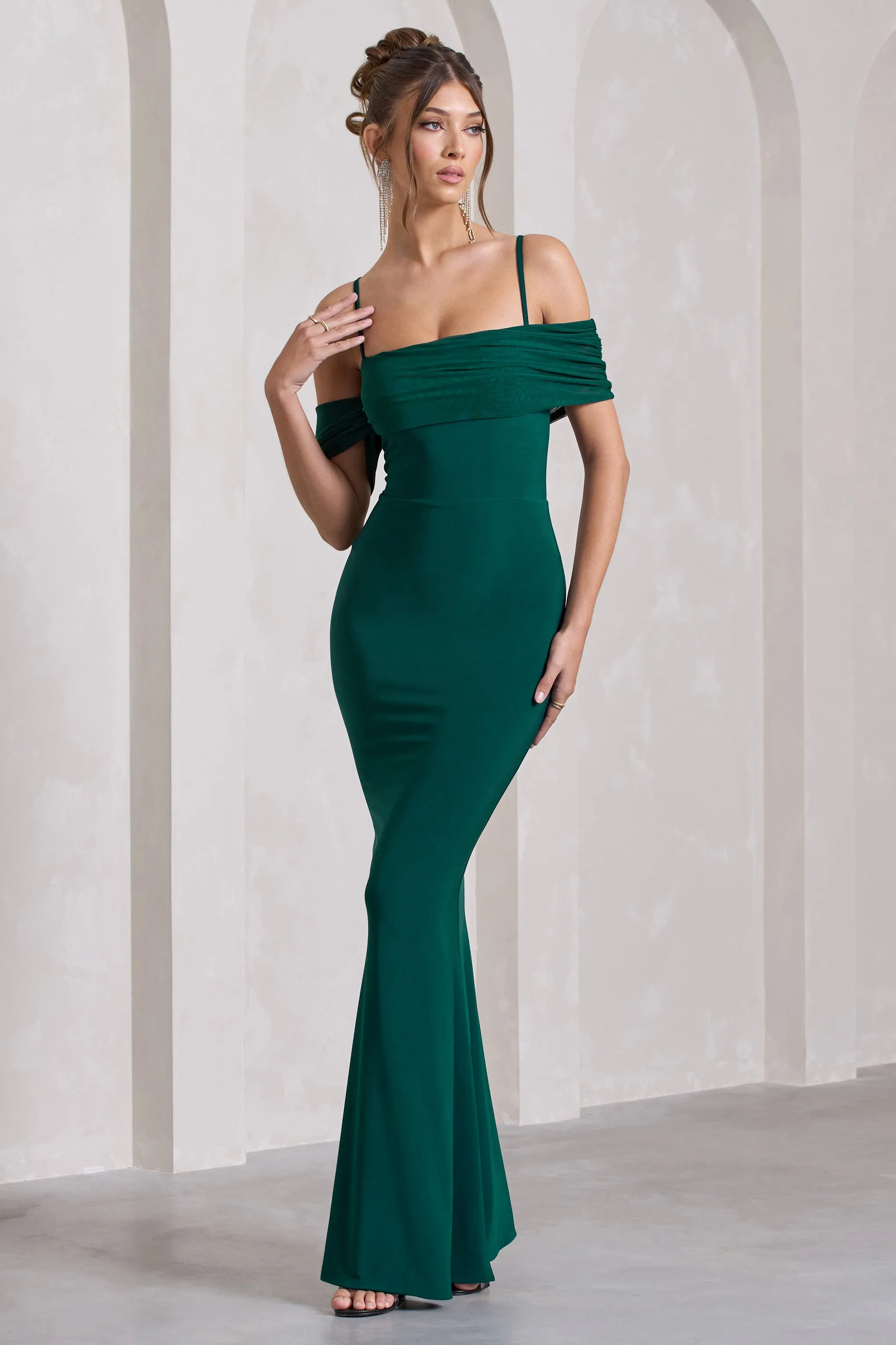 Miracle | Bottle Green Strappy Mesh Bardot Maxi Dress