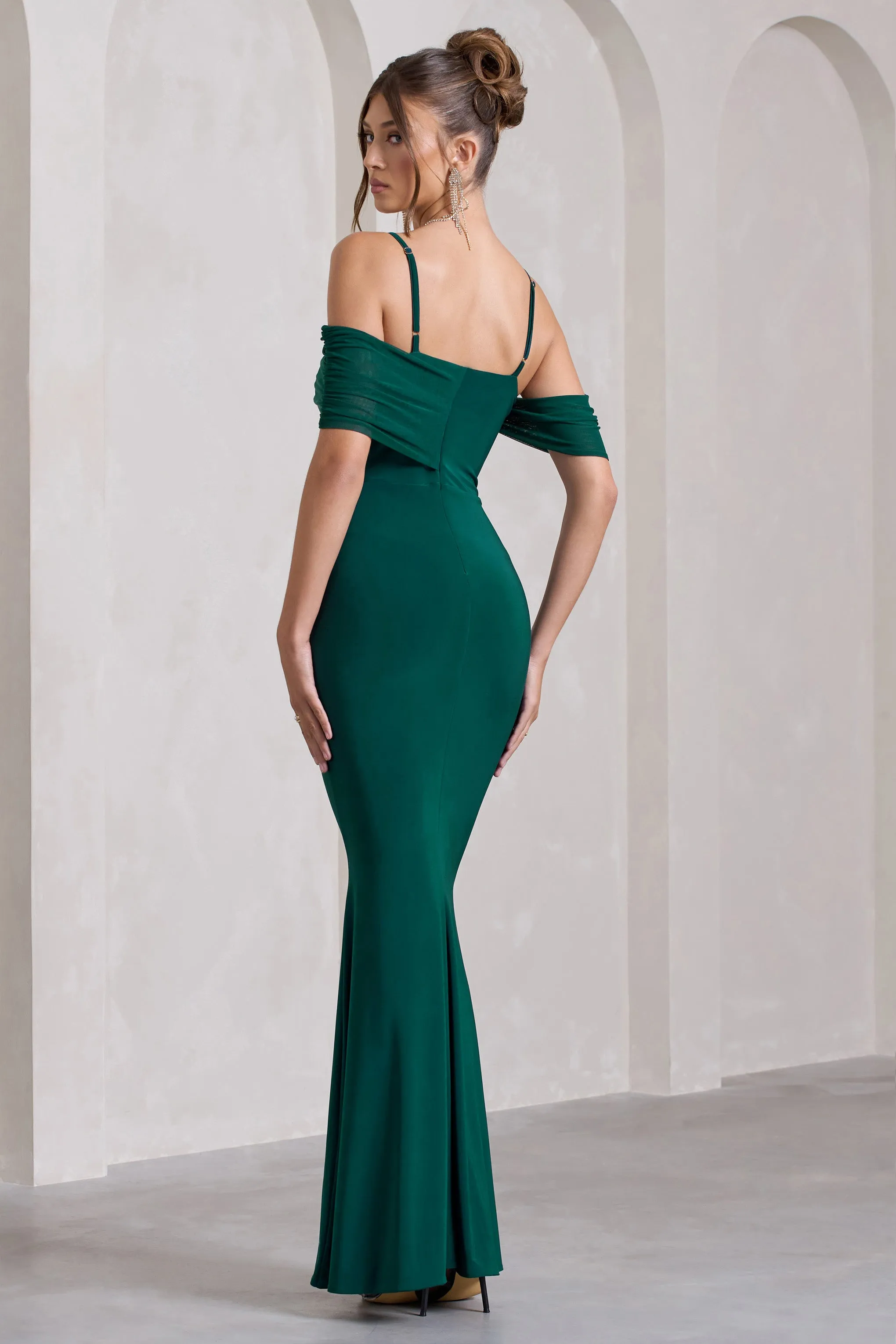 Miracle | Bottle Green Strappy Mesh Bardot Maxi Dress