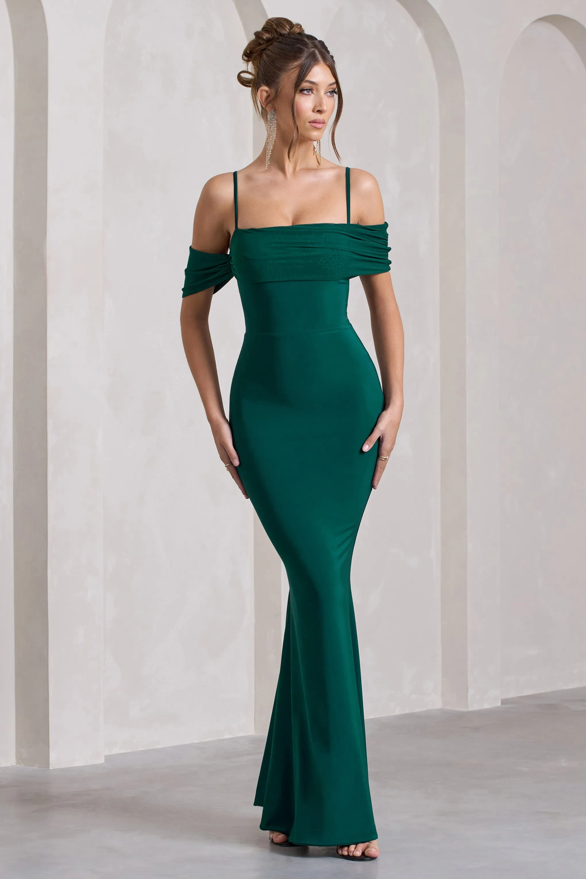 Miracle | Bottle Green Strappy Mesh Bardot Maxi Dress