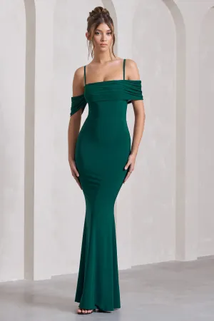 Miracle | Bottle Green Strappy Mesh Bardot Maxi Dress