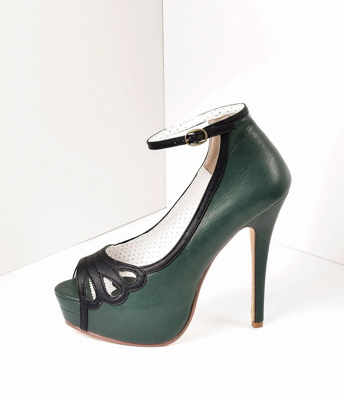 Retro Style Forest Green & Black Leatherette Peep Toe Platform Cutout Pumps