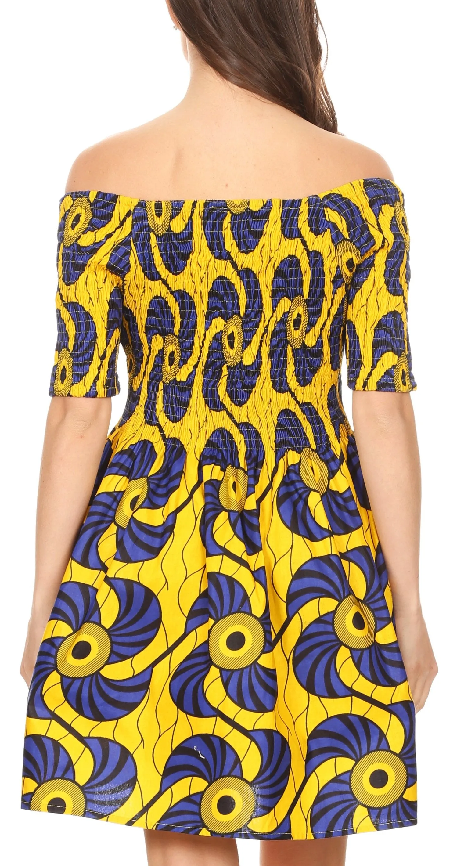 Sakkas Ife Wax African Ankara Colorful Cocktail Short Dress Off-shoulder w/pockets