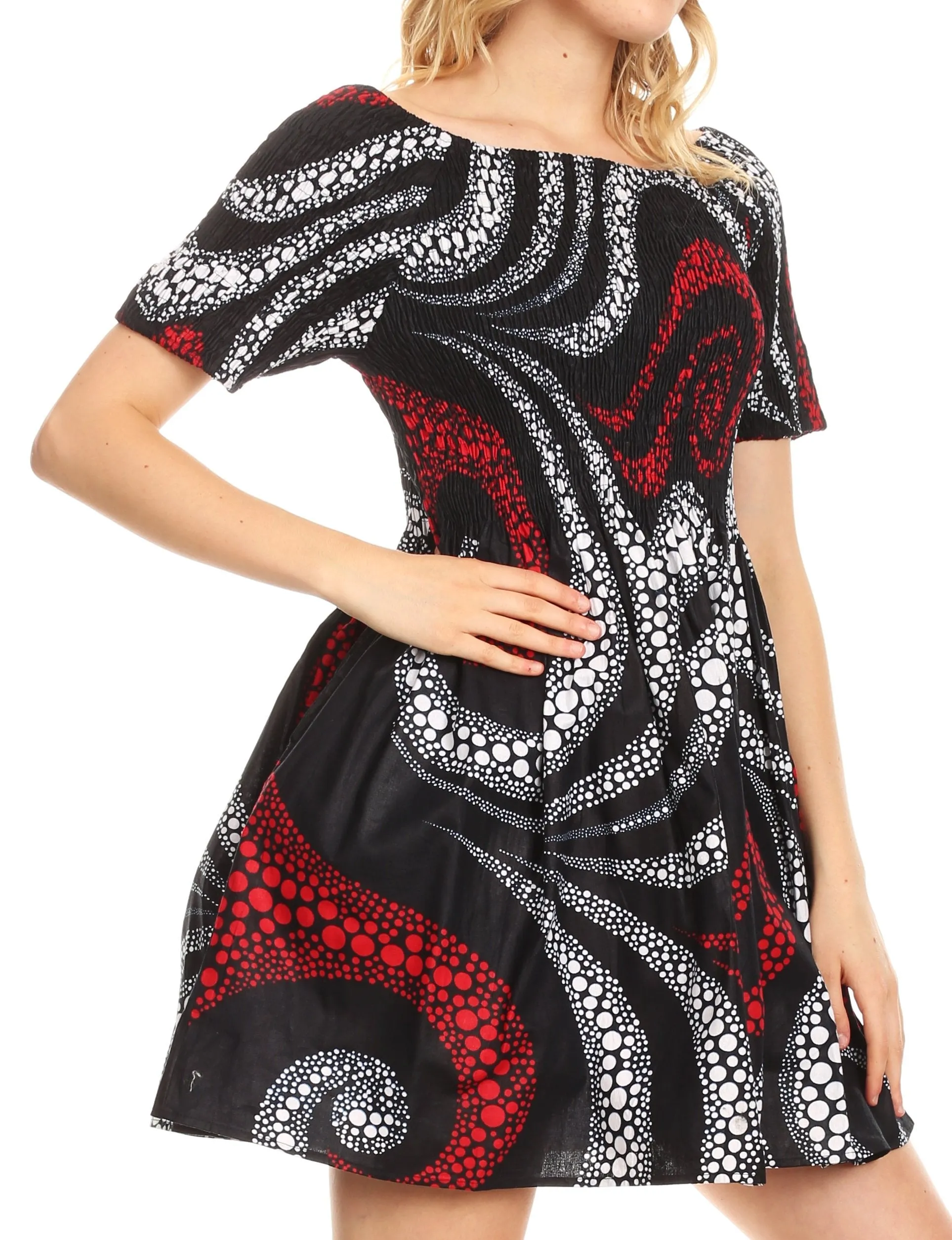 Sakkas Ife Wax African Ankara Colorful Cocktail Short Dress Off-shoulder w/pockets