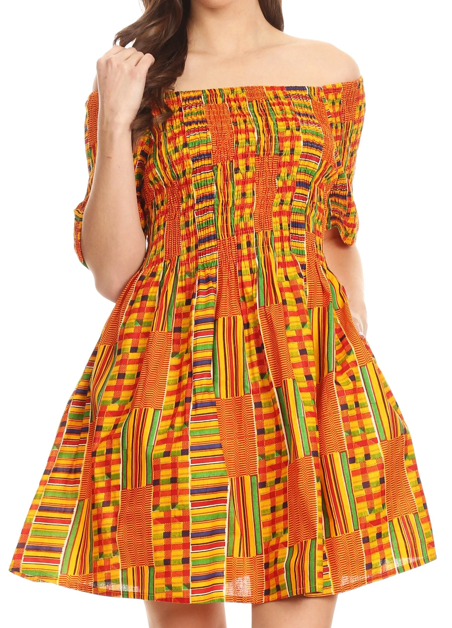 Sakkas Ife Wax African Ankara Colorful Cocktail Short Dress Off-shoulder w/pockets