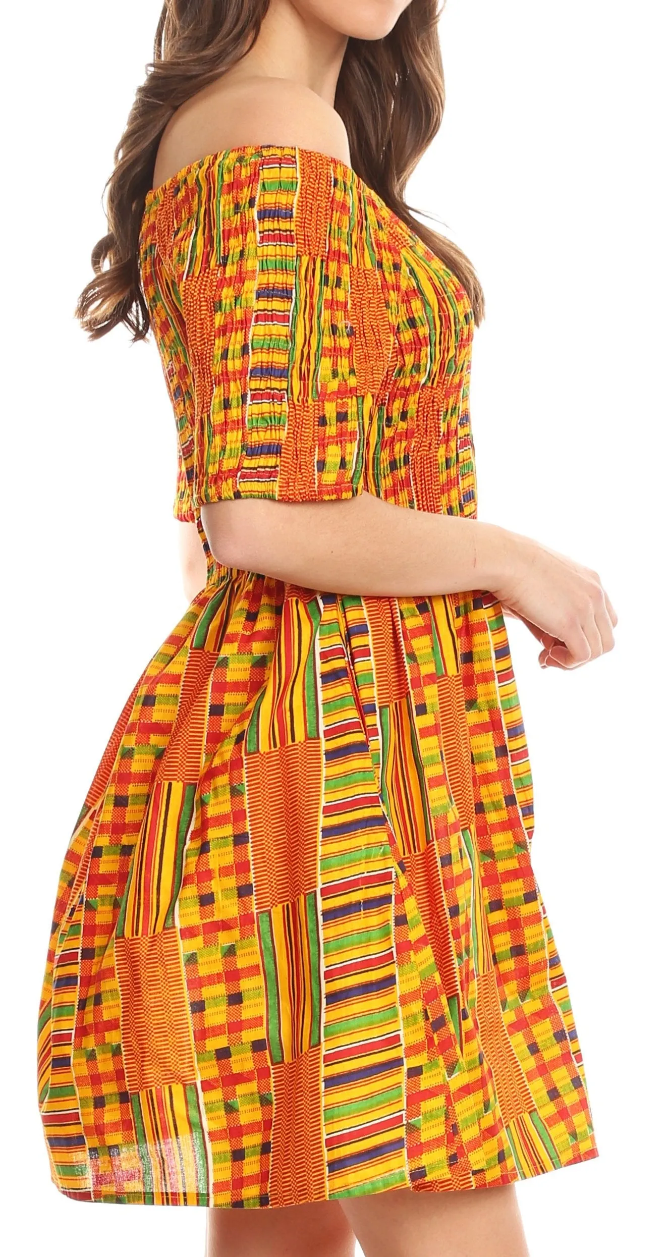 Sakkas Ife Wax African Ankara Colorful Cocktail Short Dress Off-shoulder w/pockets