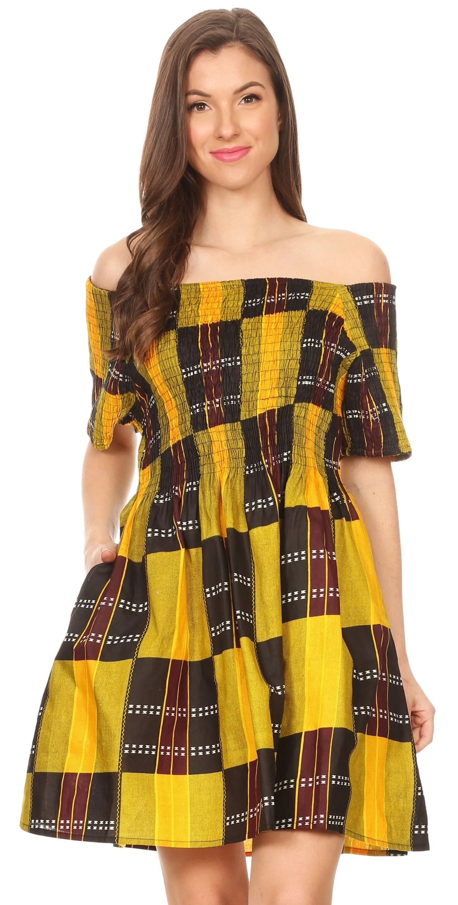 Sakkas Ife Wax African Ankara Colorful Cocktail Short Dress Off-shoulder w/pockets