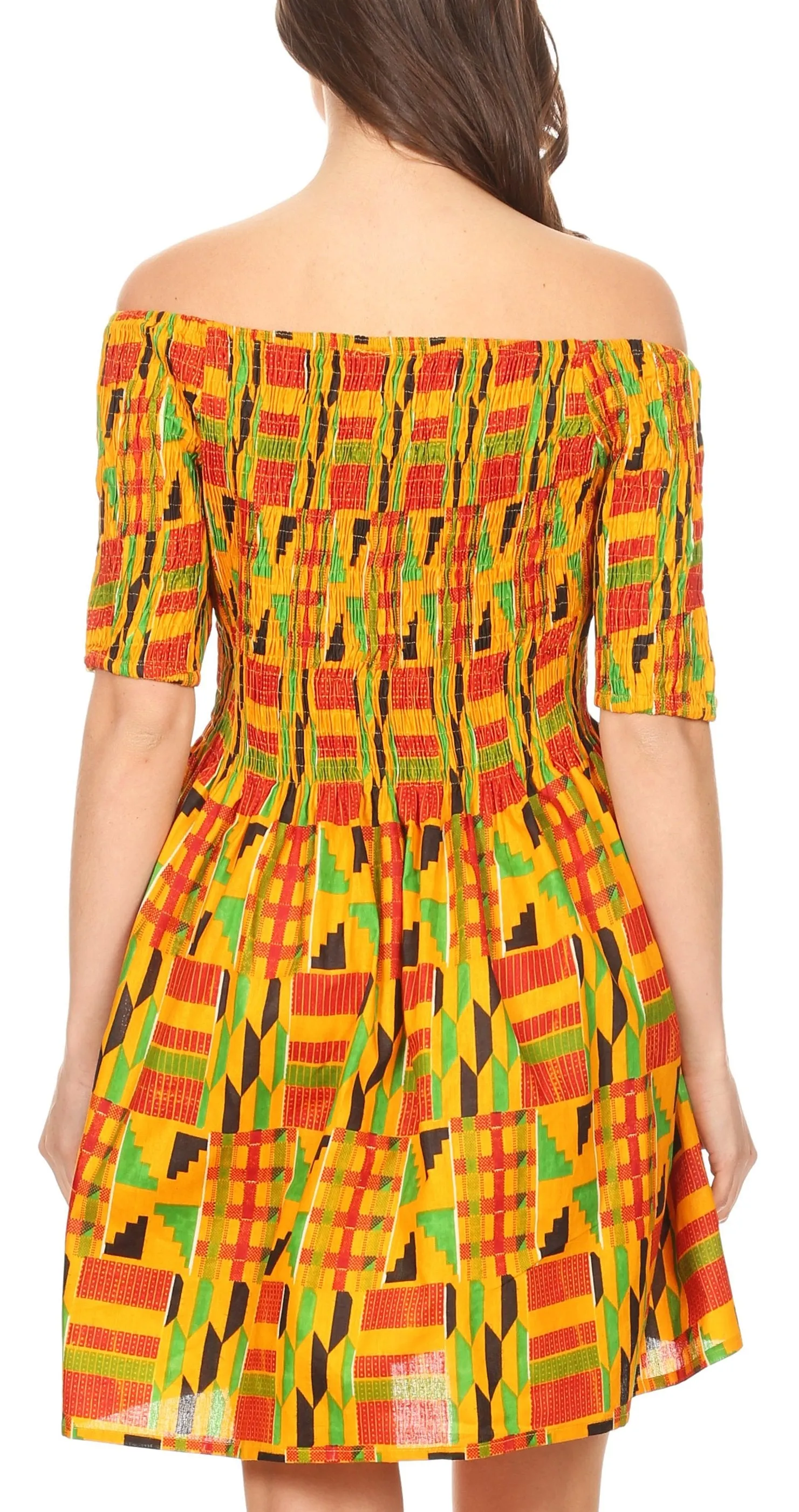 Sakkas Ife Wax African Ankara Colorful Cocktail Short Dress Off-shoulder w/pockets